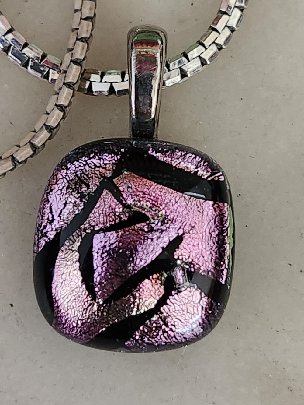 Handmade Pink & Black Dichoric Glass Pendant Necklace-Sterling Chain 18 Inches